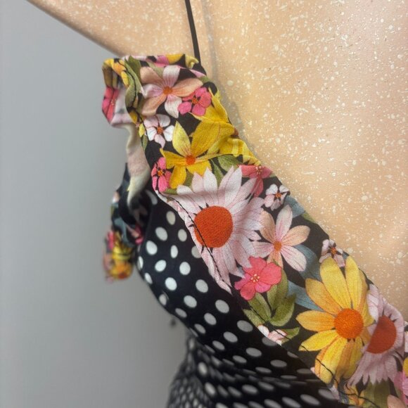 For Love & Lemons Dress Medium Mochi Shirred Ruffled V Neck Floral Polka Dot - Picture 8 of 14